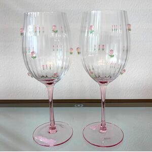 Jeweled Pink Rose Stemmed Wine Glass Set of 2 Chic Spring Floral Barware NEW